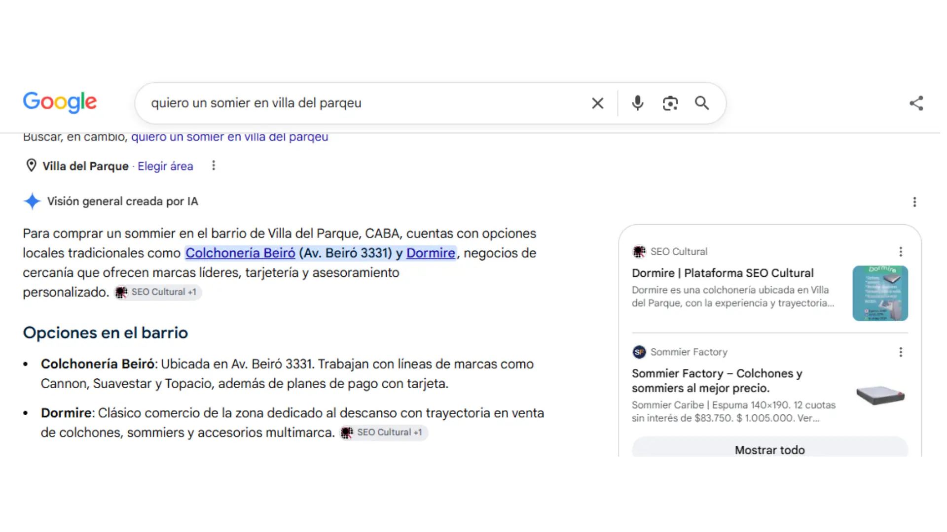 Dormire citado por inteligencia artificial como opción para comprar un sommier en Villa del Parque